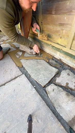 Pointing this reclaimed crazy paving 🔥 #paving #patio #gardendesign | Fresh Air Landscapes