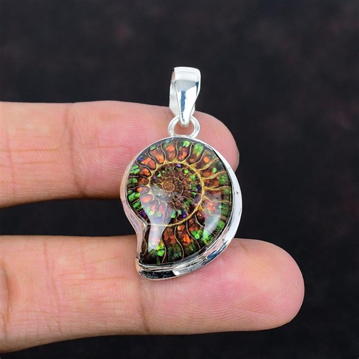 Ammolite in Ammonite Fossil Pendant: Handmade Sterling Silver Jewelry - Etsy