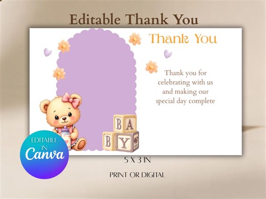 Pink Bear Baby Shower Thank You Card Template, Girl Teddy Bear Thank You Card, Editable Baby Shower Thank You, Canva Instant Download - Etsy