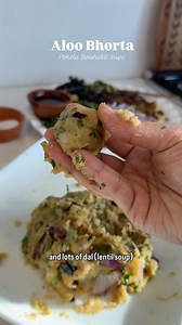 Aloo Bhorta ⬇️ . Recipe: - 2 Medium Potatoes (peeled & Boiled) - 3-4 tbsp Fried Onions (beresta) (don’t use store bought for this recipe) - 2tbsp sliced Onions - 3-4 Fried/Roasted Dried Whole Red Chilis - 1-2 Green chilies - 1/4 cup chopped cilantro - 2-3 tbsp Mustard Oil/Ghee - 2-3 garlic Prepping for Bhorta - Roast garlic cloves and dried red chilies in a little olive oil until slightly charred. - Fry onions in oil until golden brown to make beresta (crispy fried onions). Making the Bhorta: - 