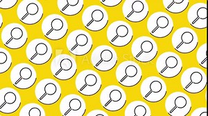 Thin line magnifying glass symbols on a yellow background. Seamless loop dynamic pattern with regular symbols rotating around