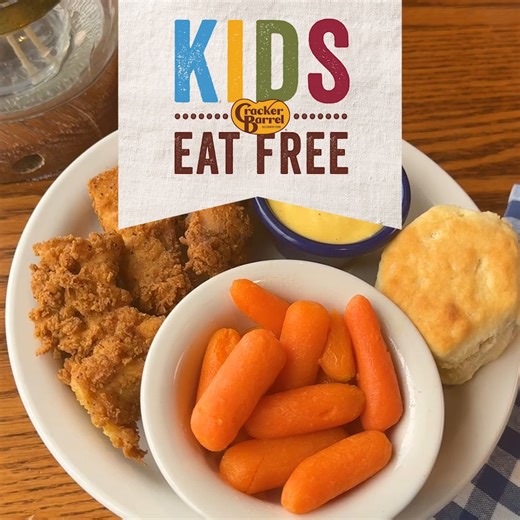 Yep, they’ve got their pick of the kids’ menu. At a price you’ll love. 😉 Just show this post in store to redeem a FREE kids meal with the purchase of any adult entrée. *Offer Valid 4/29 -5/9/24 from 6:00PM to close, Mon-Thur, while supplies last. Dine in only. | Cracker Barrel Old Country Store