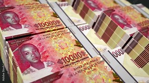 Guinea money Guinean francs pack loop 3d animation. Loopable seamless concept of finance, cash, economy, business and bank. Camera moving over GNF 10000 banknote bundle stacks.