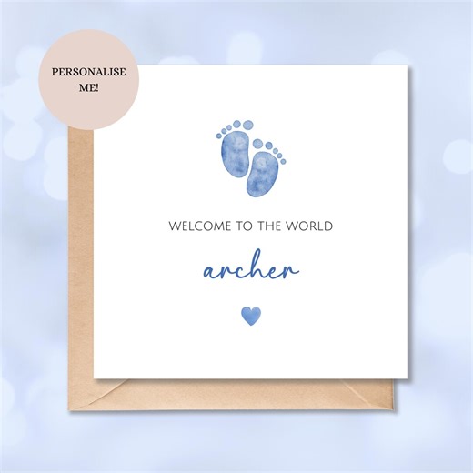 Personalised New Baby Boy Card, Welcome to the World, Blue Footprints, New Nephew Grandson, Godson - Etsy