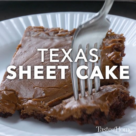 This chocolaty delight was one of my favorites growing up. The Texas sheet cake is so moist and the icing so sweet that everyone who samples it wants a copy of the recipe. —Susan Ormond, Jamestown, North Carolina Get the full recipe for Texas Sheet Cake: https://trib.al/IC8GSGz | Taste of Home