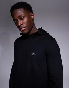 Camiseta gris de manga larga y corte estándar con capucha y logo de tejido gofrado de BOSS Bodywear (parte de un conjunto) | ASOS