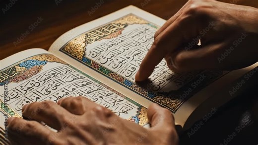 Person reading sacred Quran with ornate script and gilded pages