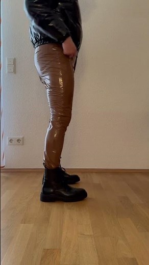 Shiny black Vinyl Puffer Jacket with black Boots and brown Latex Pants