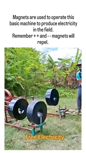 Lazy Legend on Instagram: "Post Overview: The video depicts a rural setup where large black cylindrical magnets on a rotating flywheel allegedly generate electricity to power a water pump, with the caption emphasizing magnetic repulsion; it has garnered 16,889 likes but 682 replies mostly debunking it as a hoax. Mechanical Flaws: Replies note belt slack on the lower side of the pulley system, indicating a hidden motor drives the flywheel rather than magnets, as a generator would show tension on 