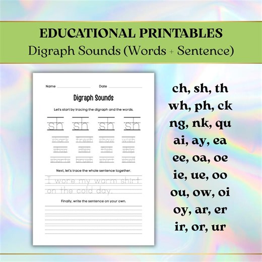 27 Sound Patterns Worksheets, Phonics Practice, Diagraphs, Words Tracking, Handwriting Practice (Digital Download) A4/US Letter
