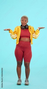 Fitness, choice and face of black woman in studio with hands for gym decision on blue background. Exercise, portrait and African lady personal trainer with option, questions or why with comparison