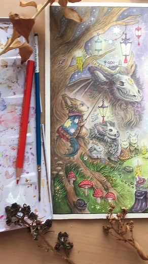 Some details from one of my most ambitious Patreon prints of a forest ritual 🌿✨ #art #illustration #drawing #watercolour #arttiktok #arttok #artistsoftiktok #painting #artwork