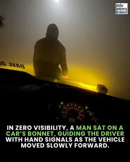 Little Letters Linked on Instagram: "In an unusual incident highlighting extreme weather conditions, a man was seen sitting on a car’s bonnet to guide the driver due to near-zero visibility. According to a video circulating on social media, the driver explains that visibility was completely blocked, forcing them to make a person sit outside the vehicle to assist with navigation. The man on the bonnet can be seen signaling with his hands, indicating directions and cautioning the driver as the car