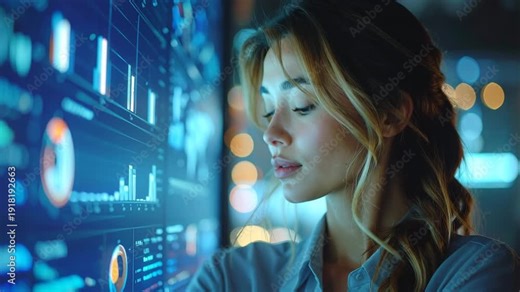 Data Analyst's Insight: A skilled data analyst, deeply focused, examines intricate data visualizations on a large screen, immersed in a realm of digital information and technological innovation.