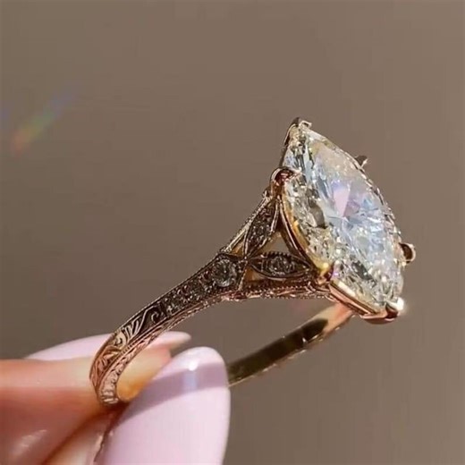 Art Deco Nature Inspired Moissanite Engagement Ring / 3 CT Vintage Engrave Shank Wedding Ring / Yellow Gold Anniversary Gift for Women - Etsy