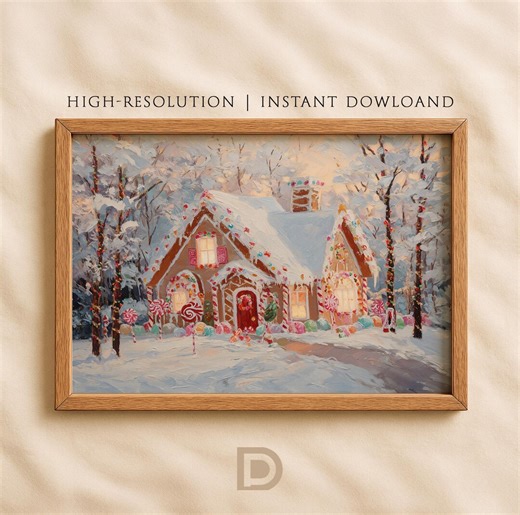 Printable Gingerbread House Christmas Art, Seasonal Holiday Wall Decor, Holiday Wall Art, Digital Download