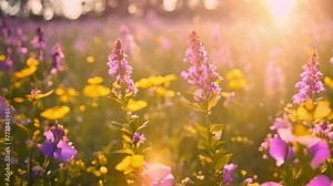 Spring flowers field meadow in sunset lights. Field of wild flowers spring colors in the wind swaying close up. Concept: nature, flowers, spring, biology, fauna, environment, ecosystem 4k