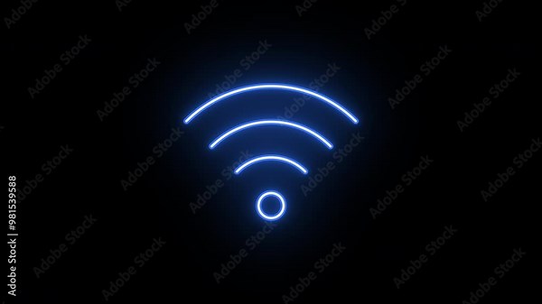Neon wifi icon animation, flickering emergence and fading. Glowing neon wifi sign, looped animation. Wireless internet, 5g wifi signal, network hotspot, device connection. Violet, blue, azure colors