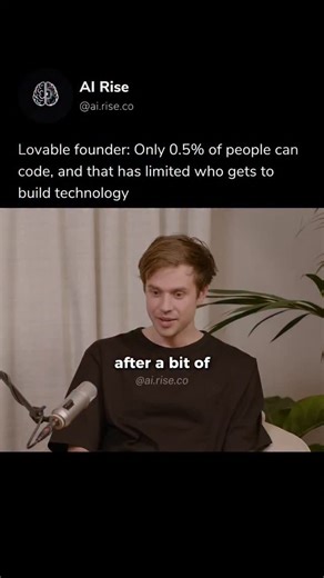 AI Rise on Instagram: "Startup Lovable’s cofounder says roughly 99% of the world cannot code, a gap that has historically limited who can create software and shape tech’s future (most software creators have had to be in that tiny coding minority). His company’s AI-powered no-code platform lets people describe what they want in normal English and build products without writing traditional code, widening access beyond developers. This idea reflects a broader shift in tech: as tools generate code f
