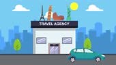 Animated cartoon design of travel agency office with tourism related...