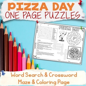 Pizza Day Activities Mat - Pizza Month Placemat - Word Search Crossword Maze