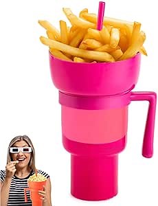 Snack & Drink Cup, Cup Bowl Combo with Straw, Stadium Tumbler-32oz Color Changing Stadium Cups for Cinema, Snackeez Cups with Top Bowl for Popcorn French Snacks & Cup for Cola Drinks (Pink)