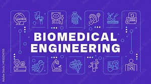 Biomedical engineering word banner animation. Medical bioengineering, bionic. Clinic equipment. Dynamic headline with outline icons on blue background. HD video with alpha channel. Motion graphic