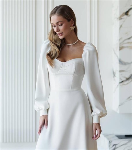White Maxi Dress With Long Sleeves, Bridal Civil Wedding Dress, Open Back Dress, Elegant Deep Dress, Bridal Shower Dress, Engagement Dress - Etsy