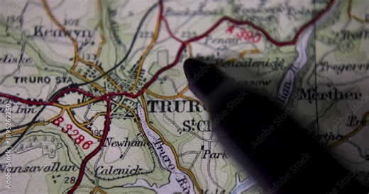 Footage of an old historical map from 1900 showing the city of Truro which is a cathedral city and civil parish in Cornwall, England showing a black pen circling the town name