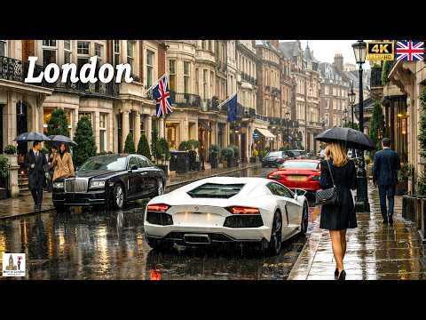 London's Ultra Expensive Neighborhood Rainy Walking Tour | How Rich People Live! True [4K]