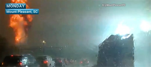 A dash cam captured the explosive moment lightning struck a power pole in Mount Pleasant, South Carolina, during a rainy commute. Watch: | The Weather Channel