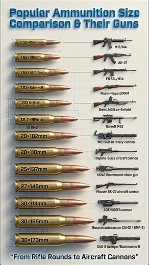 Popular Ammunition Size Chart & Their Guns | From 5.56mm to GAU-8 Avenger (3D Comparison)