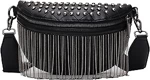 GLT.ETL Fanny pack Chest Bag For women Faux leather Fringe Quilted Waist Bum Cross body Bags Rivet studded Tassel Purses (Black)