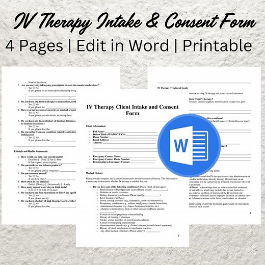 IV Therapy Client Intake Form: Editable Consent Template (word) - Etsy