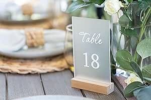 It's a Vibe Designs Acrylic Table Numbers 1-20 for Wedding Reception with Rustic Wooden Base, Photo Stand, Frosted Acrylic, 4 x 6 Inches