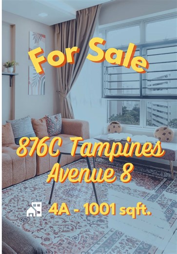 🏡 For Sale: 876C Tampines Avenue 8 🏡 The Gen-Z Approved Hometour 📍 Tampines Ave 8 – young, established, zero nonsense 📏 1001 sqft | 93 sqm – efficient 4A layout 🛏️ 3 proper bedrooms – no “study” nonsense 🚽 2 bathrooms – both legit 🌀 High-floor corner unit – windy, bright, unblocked ✨ Well-maintained condition – move in, don’t overthink 🚪 Large corridor space – extra privacy unlocked 🎒 Near top schools – Poi Ching, St Hilda’s, Junyuan, Angsana 🛒 Daily amenities and supermarkets nearby �