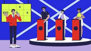 Game show on TV cartoon animation. Gameshow competition broadcasting 4K 2D motion graphic. Host microphone, participants behind push buzzers animated characters on entertainment background