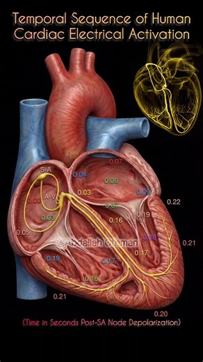 Abdallah Othman on Instagram: "Cardiac Conduction Timelines (Post-SA Node) This electrophysiological map illustrates the precise, millisecond conduction sequence of the human cardiac impulse. Originating at the SA node (0.00s), activation traverses the atria, pauses at the AV node (~0.09s), and rapidly propagates via the His-Purkinje system to achieve coordinated ventricular depolarization (0.16-0.22s).⚡📈 #Cardiology #Electrophysiology #CardiacConduction #EKG #HeartRhythm"