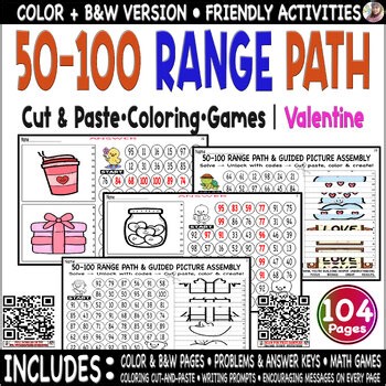 Valentine Number Puzzles, 50-100 range path, Math Centers, Color, Kindergarten.