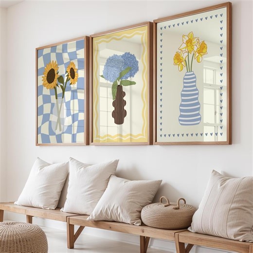 Set of 3 Blue Flower Vase Art Print Bundle, Bold Colourful Wall Artwork, Striped and Checkered Flower Vase Unframed - Etsy UK