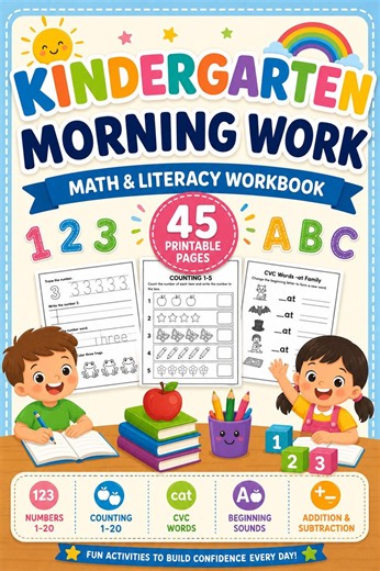 Kindergarten Workbook Printable PDF | 45 Math & Literacy Activities | Number Tracing 1-20, Counting, Missing Numbers, CVC Words - Etsy