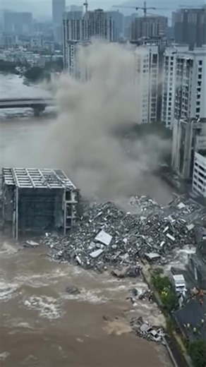 1.3K views | High-Angle View of a Skyscraper Toppling and Disintegrating into a Flood-Swollen River. @followers | Ancient Discoveries | Facebook