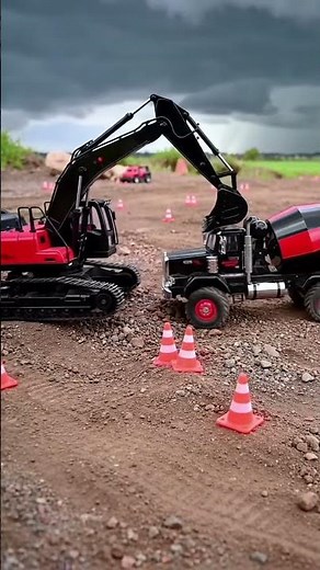 🚧 RC Heavy Equipment Power! Excavator & Mixer in Storm + Roller & Grader at Sunset! 🌅⛈️