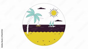 Seaside beach sailboats line cartoon animation. Vacation summer palm tree seascape 4K video motion graphic. Sunshine at sea. Sun ocean island 2D linear animated scene isolated on white background