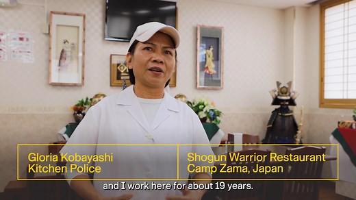 Gloria Kobayashi has spent almost two decades serving the military at Camp Zama's Shogun Warrior Restaurant and loves it! As Kitchen Police, Gloria protects the Soldiers and Civilians who eat at the Warrior Restaurant by maintaining high cleanliness and sanitation standards. 403d Army Field Support Brigade U.S. Army Japan United States Army Garrison Japan U.S. Army Materiel Command | Army Sustainment Command