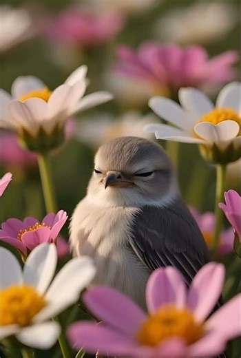 Tiny Bird Napping in a Flower Bed 🌸🐣 #BabyBird #FlowerBedBird #CuteAnimals