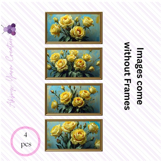 Bright Yellow Roses, Flower Frame TV Art, Oil Floral Painting, Summer Garden Screensaver, 4pcs - Etsy