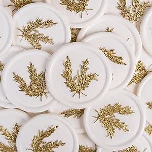 100Pcs Gold & White Wax Seal Stickers - Handmade Envelope Seals, Self Adhesive Wax Stickers for Wedding Party Invitations, Envelope, Gift Wrap, Christmas (Gold Rosemary Style, White)