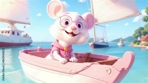 Vibrant 3D Cartoon Animation of Cute White Mouse in Pink Boat, Perfect for Children's Videos, Educational Content, Storytelling Projects, and Creative Animations - Adorable Video Clip Online