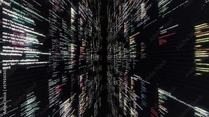 Modern application code on the abstract computer screen. Animation. Modern software development code, flying symbols on black background, seamless loop.